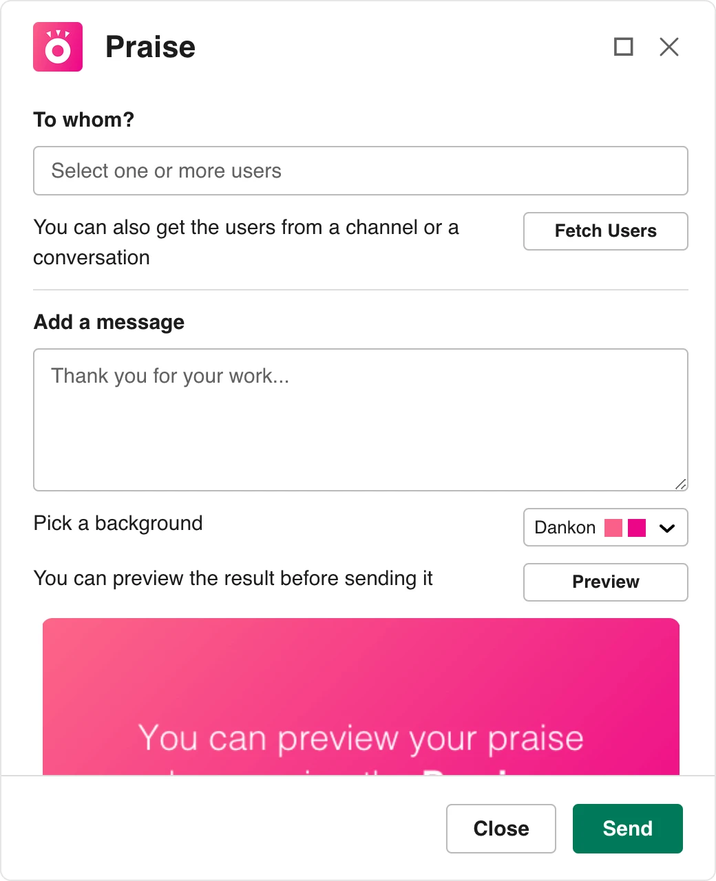 The form to send a praise directly on Slack.